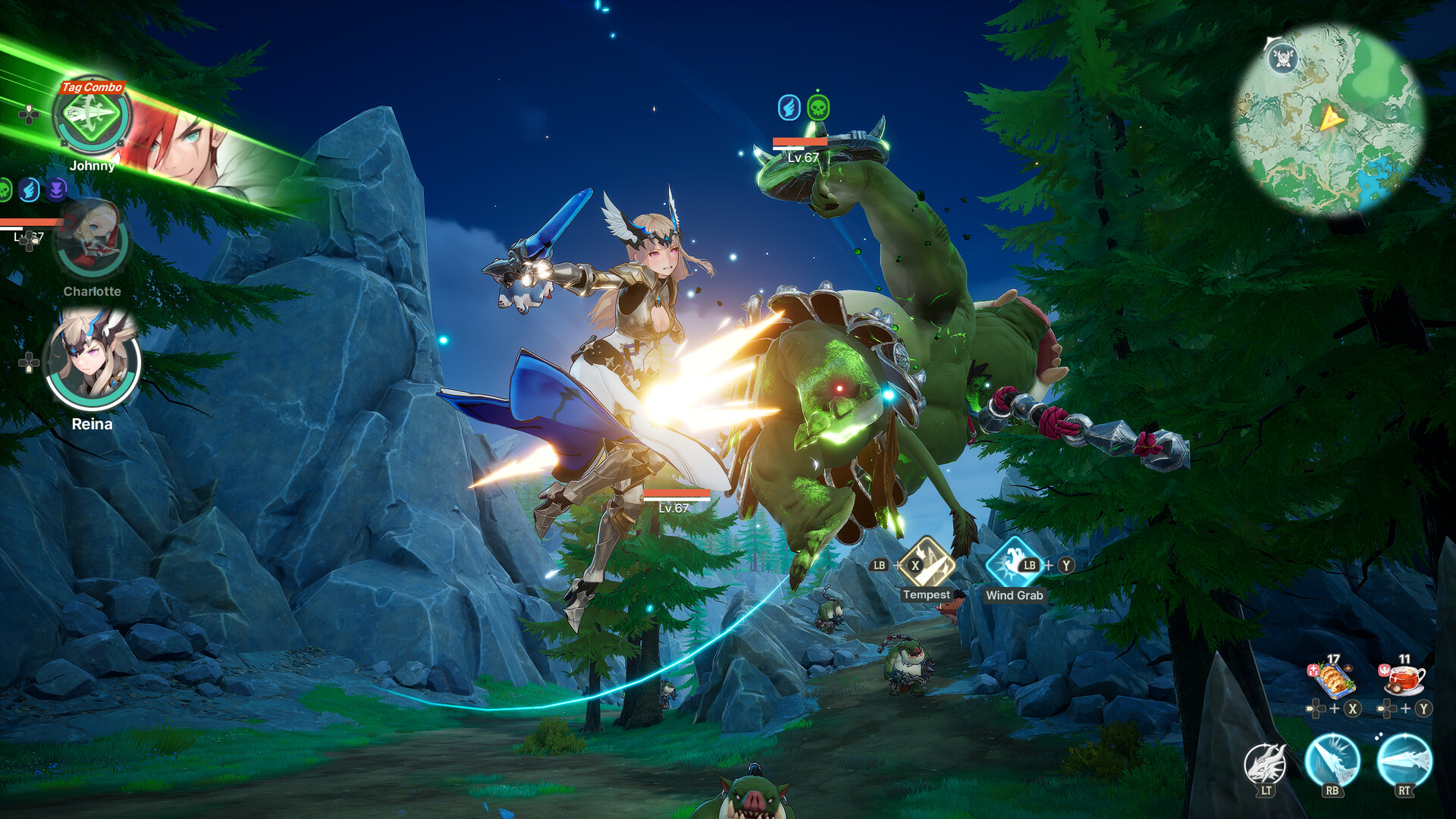 DragonSword Awakening aerial combat showing an enemy status icon and an available Tag Combo prompt